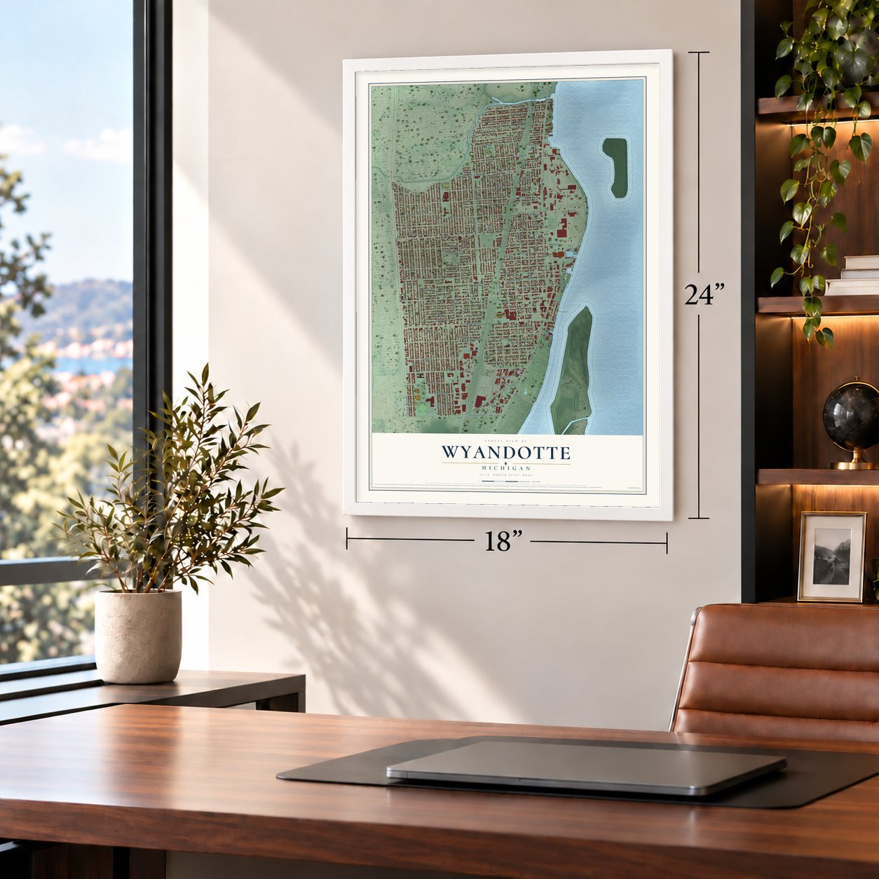 Wyandotte, Michigan map, 18 x 24 inch print in a white frame in a home office