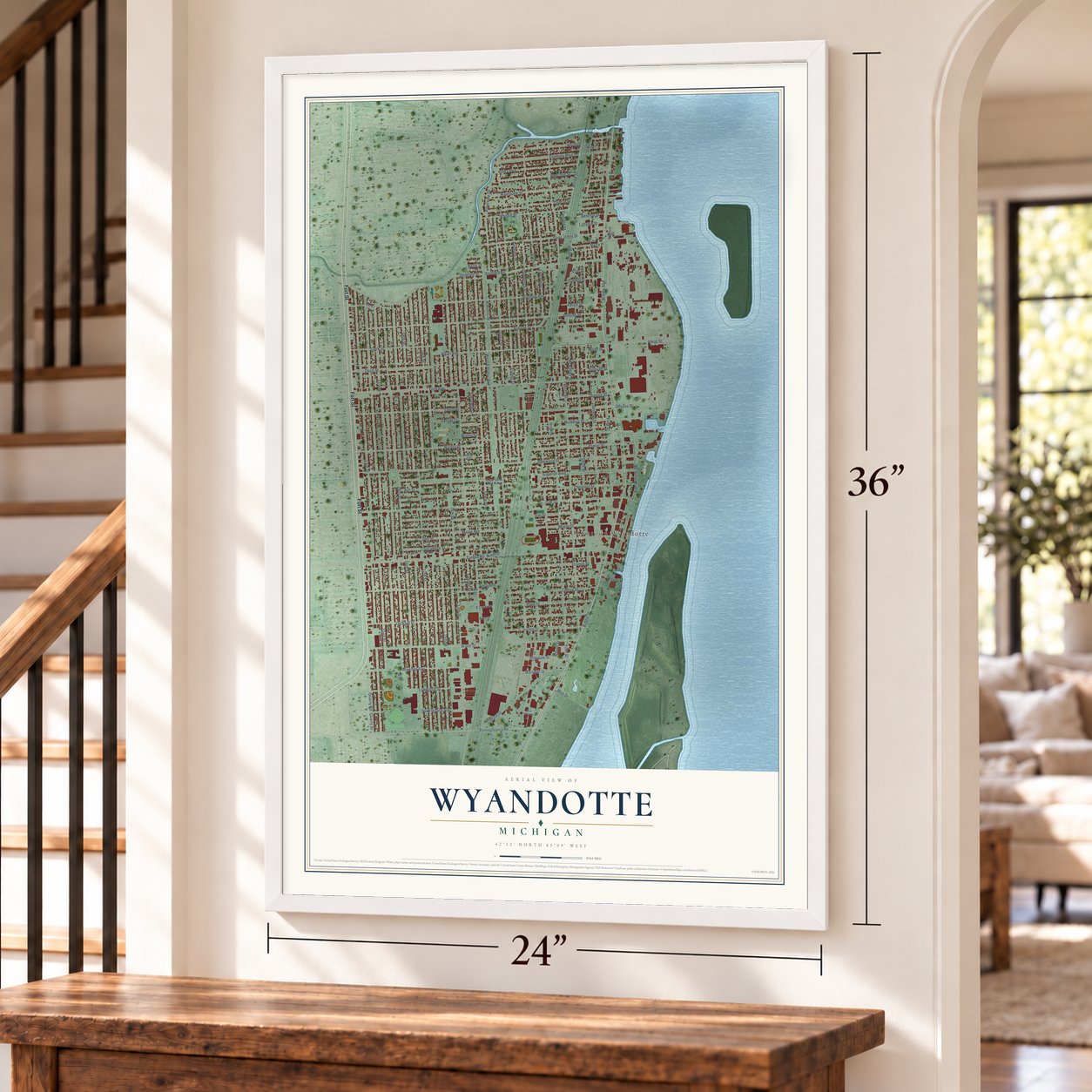 Wyandotte, Michigan map, 24 x 36 inch print in a white frame by a staircase