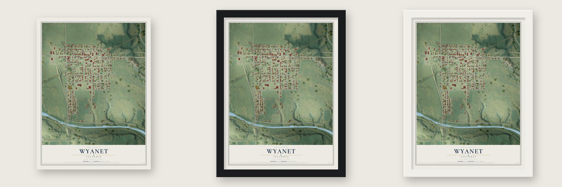 Wyanet, Illinois map unframed, in a black wood frame and in a white wood frame
