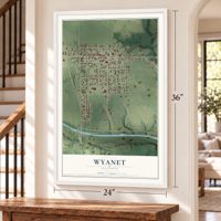 Wyanet, Illinois map, 24 x 36 inch print in a white frame by a staircase