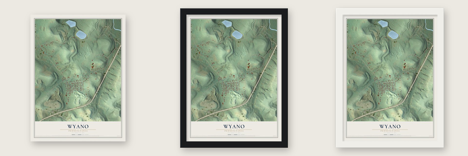Wyano, Pennsylvania map unframed, in a black wood frame and in a white wood frame