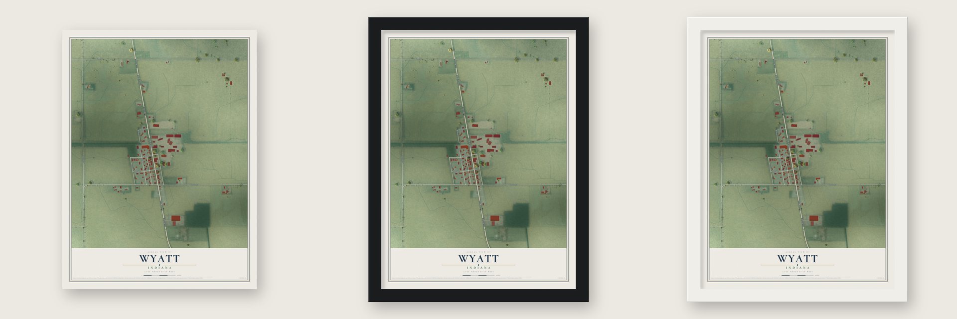 Wyatt, Indiana map unframed, in a black wood frame and in a white wood frame
