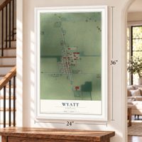 Wyatt, Indiana map, 24 x 36 inch print in a white frame by a staircase