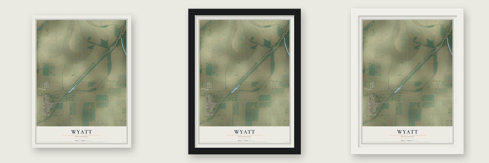 Wyatt, Missouri map unframed, in a black wood frame and in a white wood frame