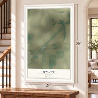 Wyatt, Missouri map, 24 x 36 inch print in a white frame by a staircase