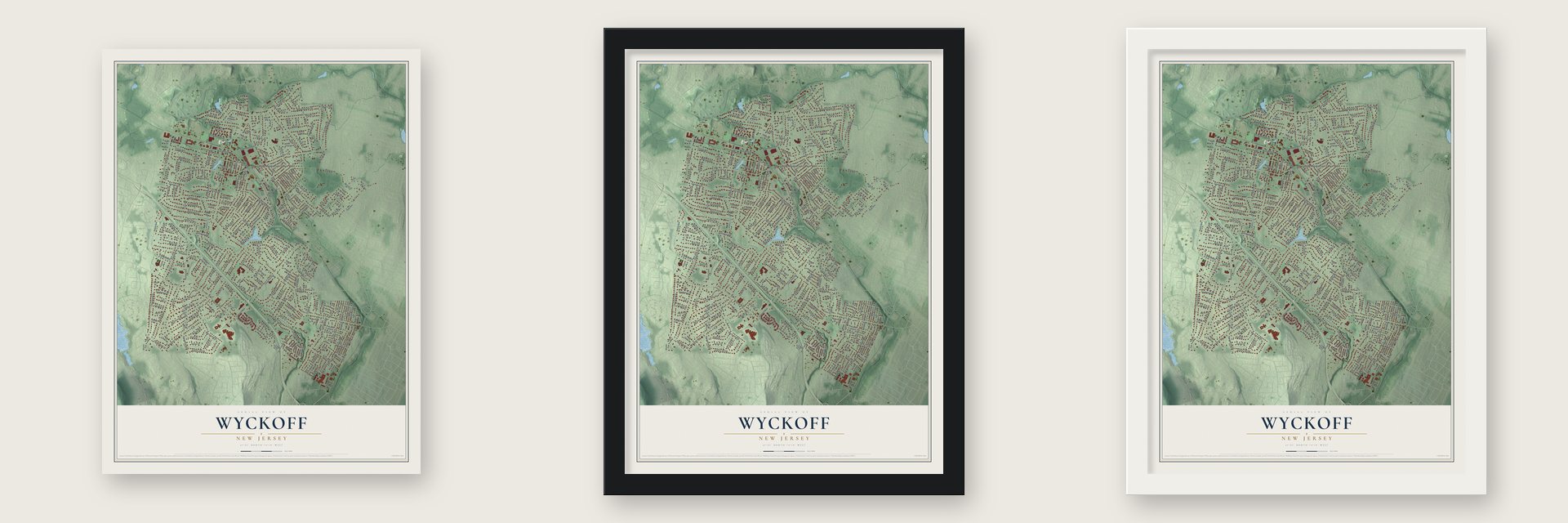 Wyckoff, New Jersey map unframed, in a black wood frame and in a white wood frame