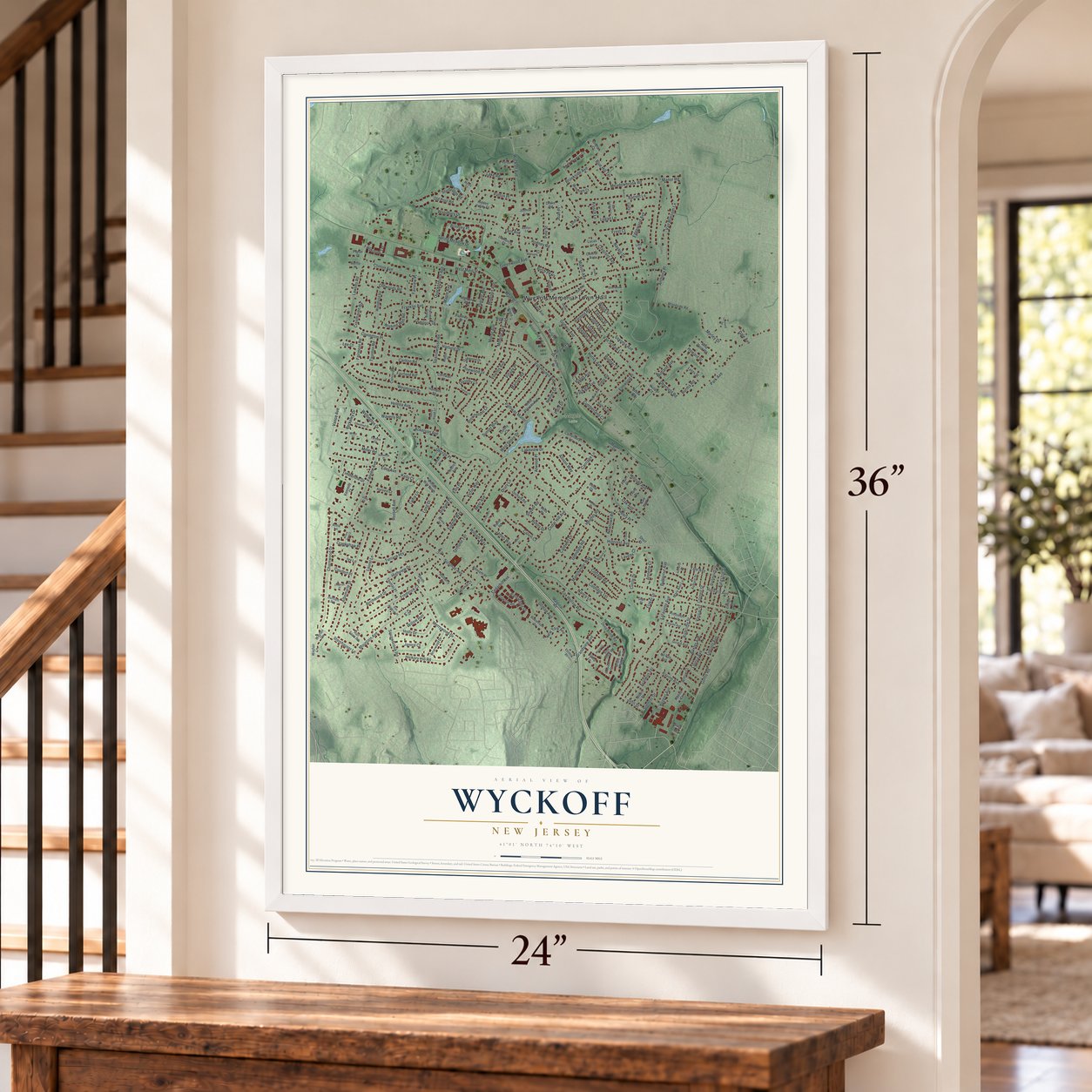 Wyckoff, New Jersey map, 24 x 36 inch print in a white frame by a staircase