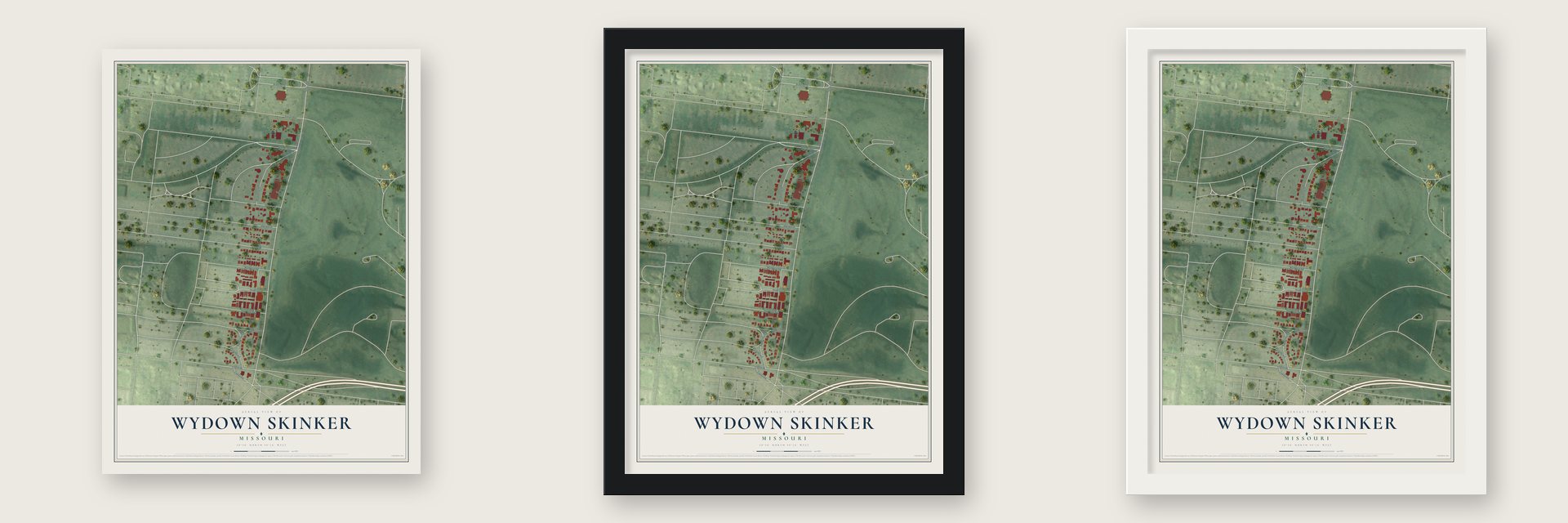 Wydown Skinker, Missouri map unframed, in a black wood frame and in a white wood frame