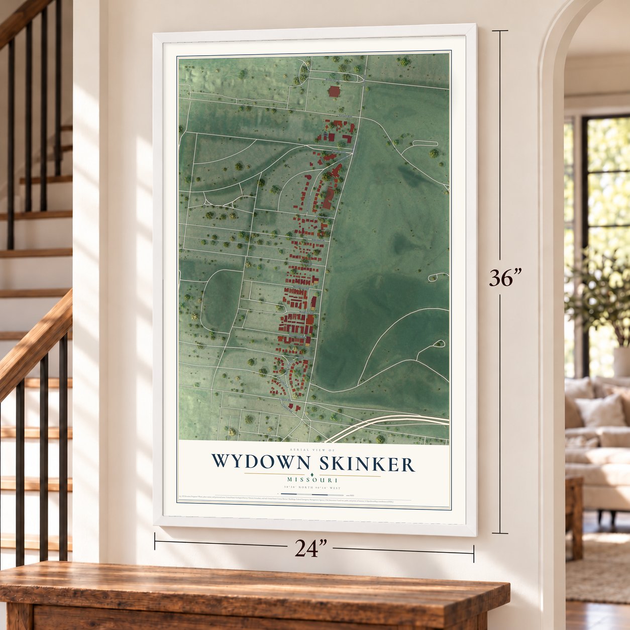 Wydown Skinker, Missouri map, 24 x 36 inch print in a white frame by a staircase
