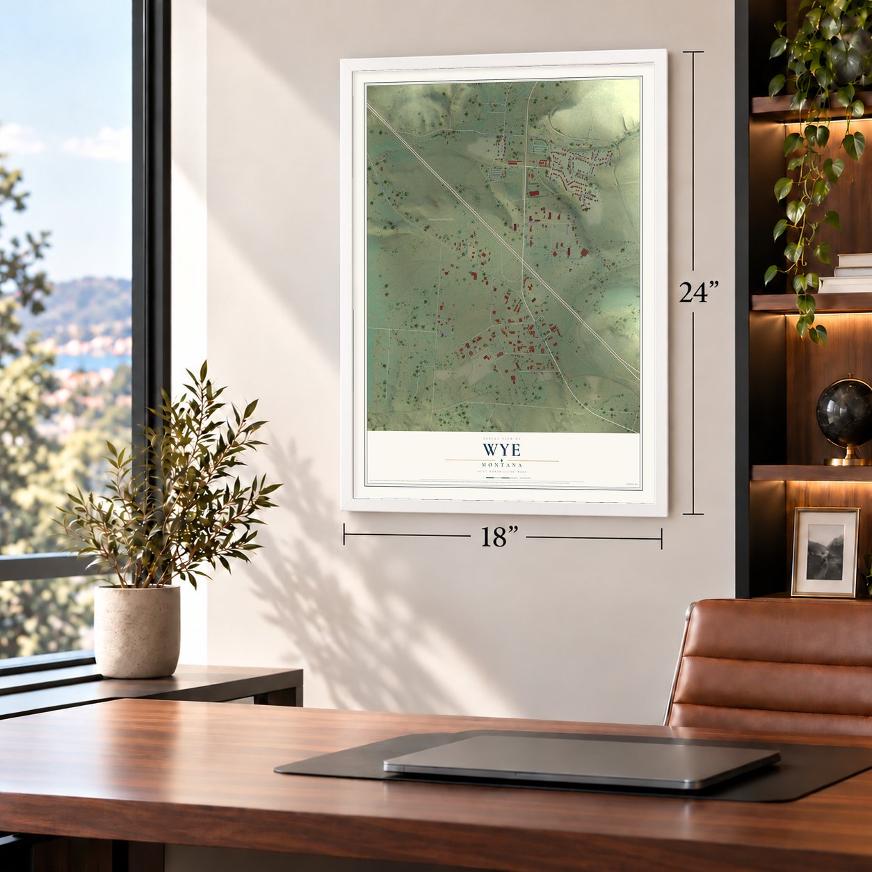 Wye, Montana map, 18 x 24 inch print in a white frame in a home office