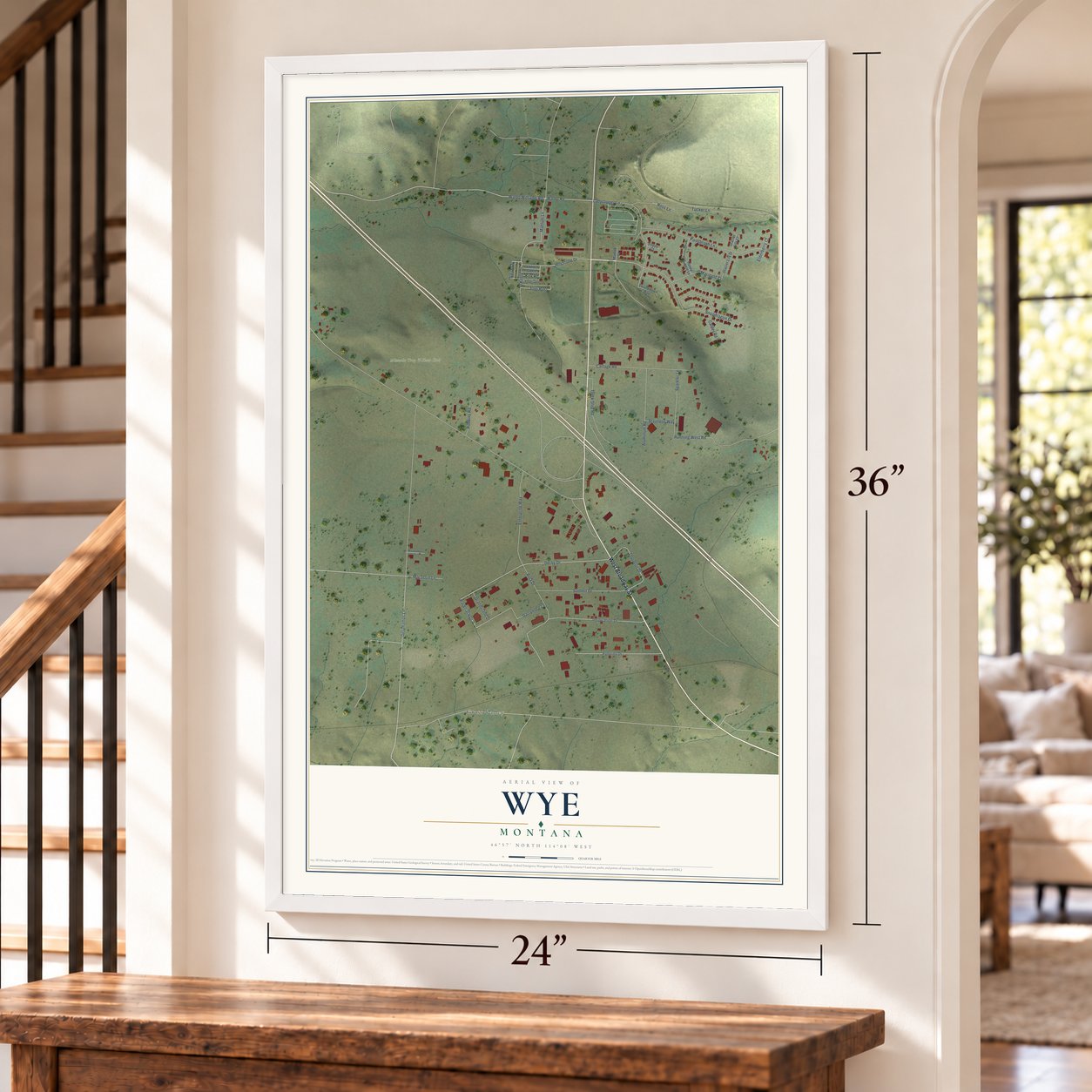 Wye, Montana map, 24 x 36 inch print in a white frame by a staircase