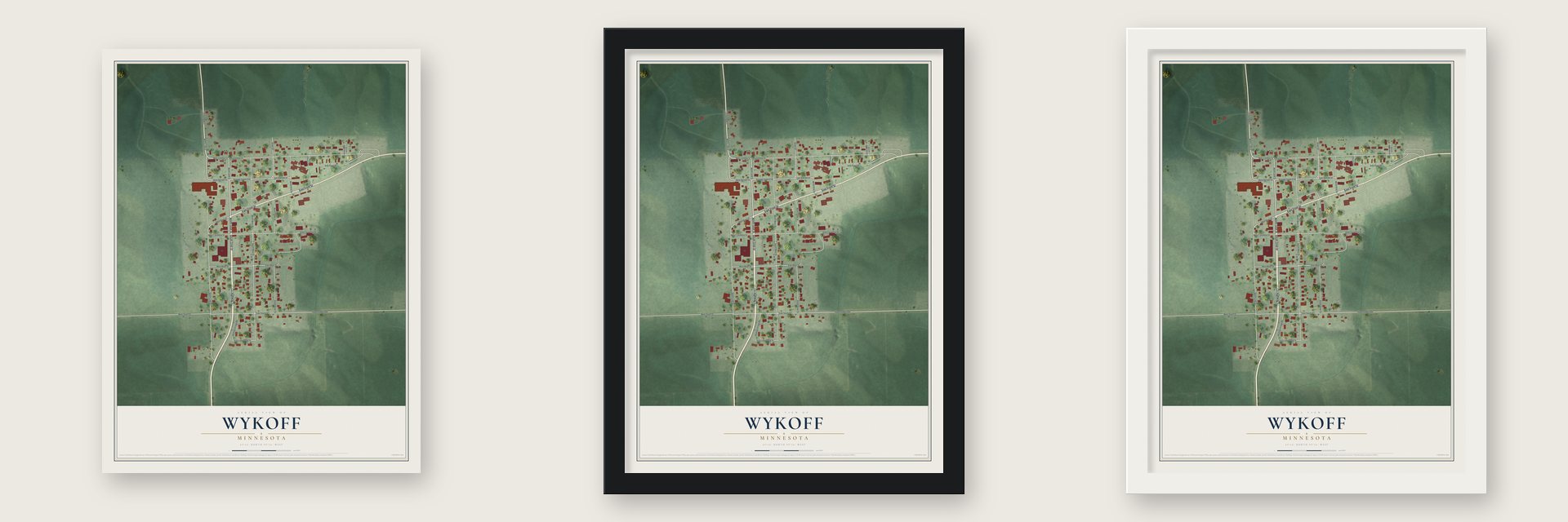 Wykoff, Minnesota map unframed, in a black wood frame and in a white wood frame