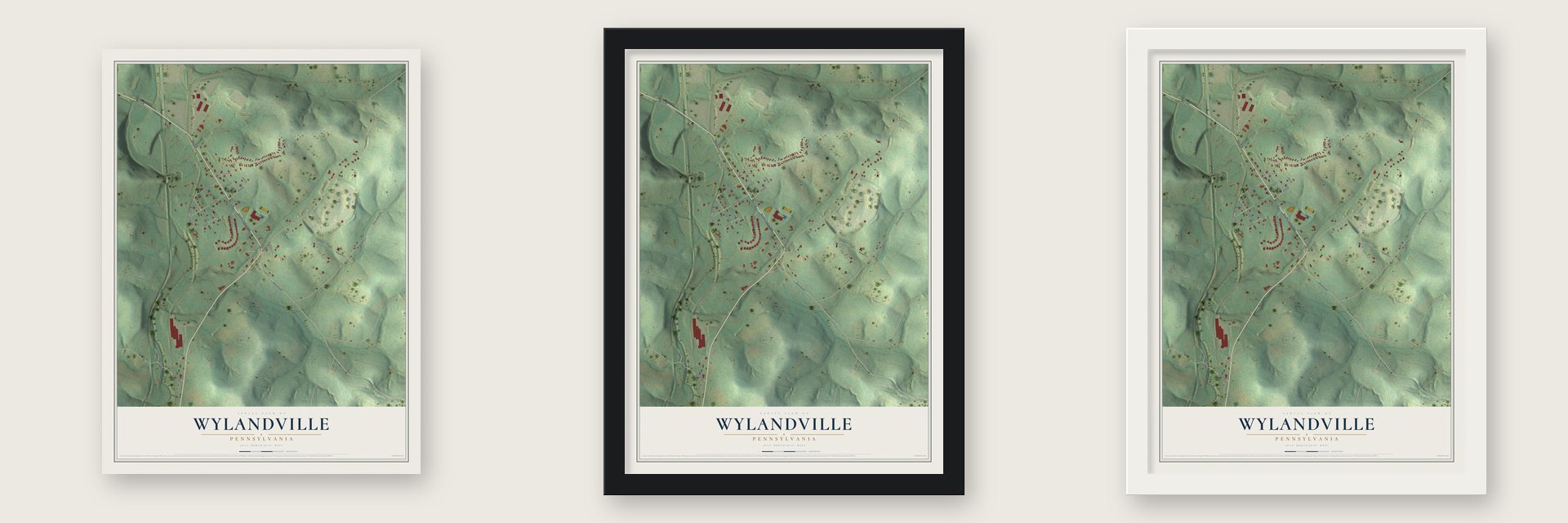 Wylandville, Pennsylvania map unframed, in a black wood frame and in a white wood frame