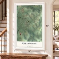 Wylandville, Pennsylvania map, 24 x 36 inch print in a white frame by a staircase