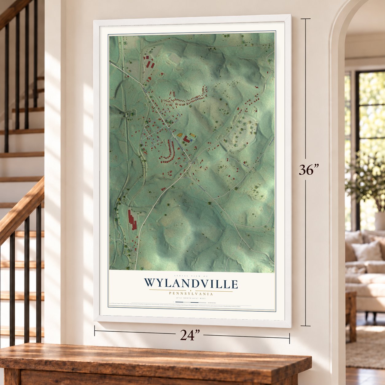 Wylandville, Pennsylvania map, 24 x 36 inch print in a white frame by a staircase
