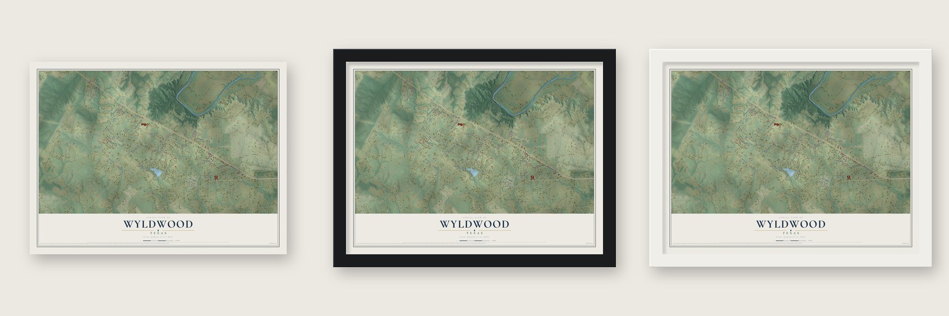 Wyldwood, Texas map unframed, in a black wood frame and in a white wood frame