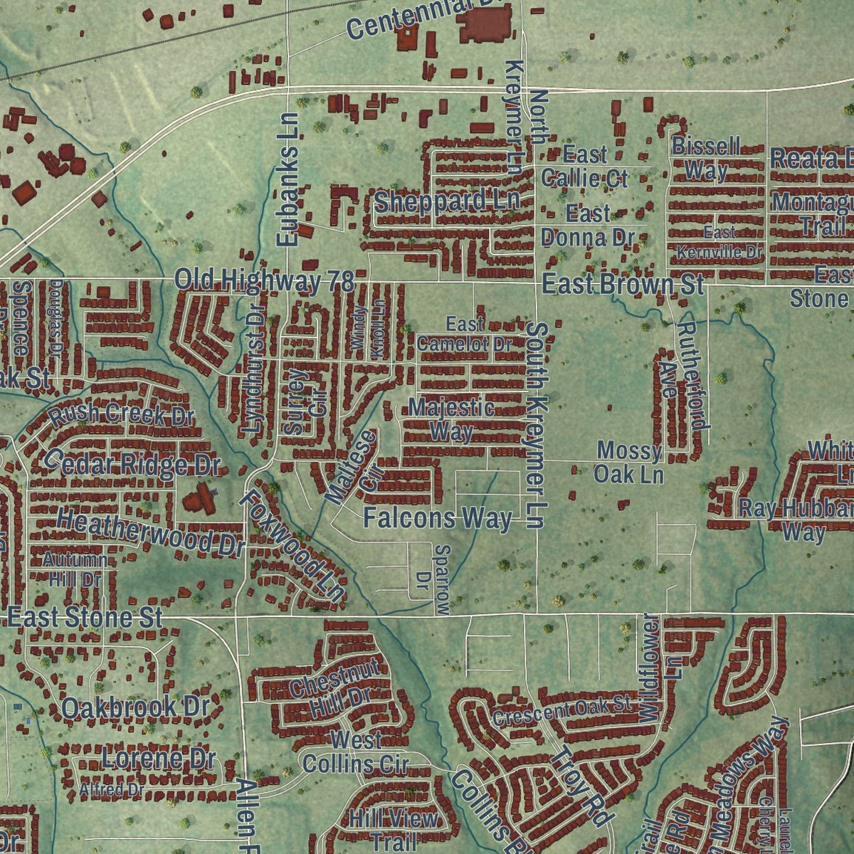 Second close-up of the map of Wylie, Texas print showing more streets and buildings