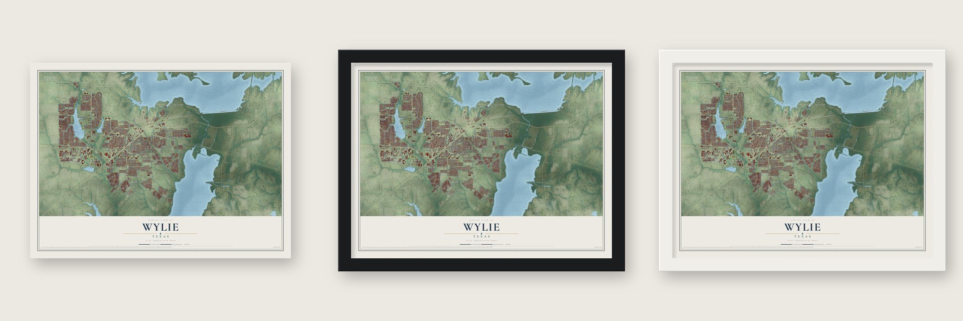 Wylie, Texas map unframed, in a black wood frame and in a white wood frame