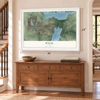 Wylie, Texas map, 24 x 36 inch print in a white frame above a dresser by a staircase