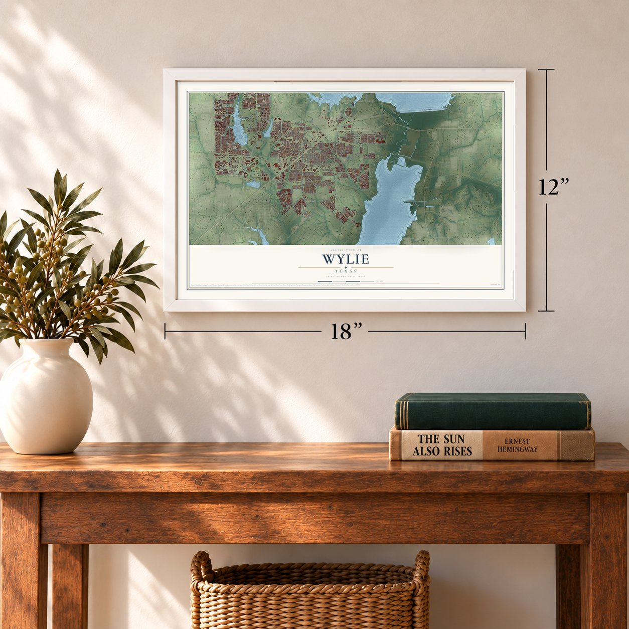 Wylie, Texas map, 12 x 18 inch print in a white frame in an entryway