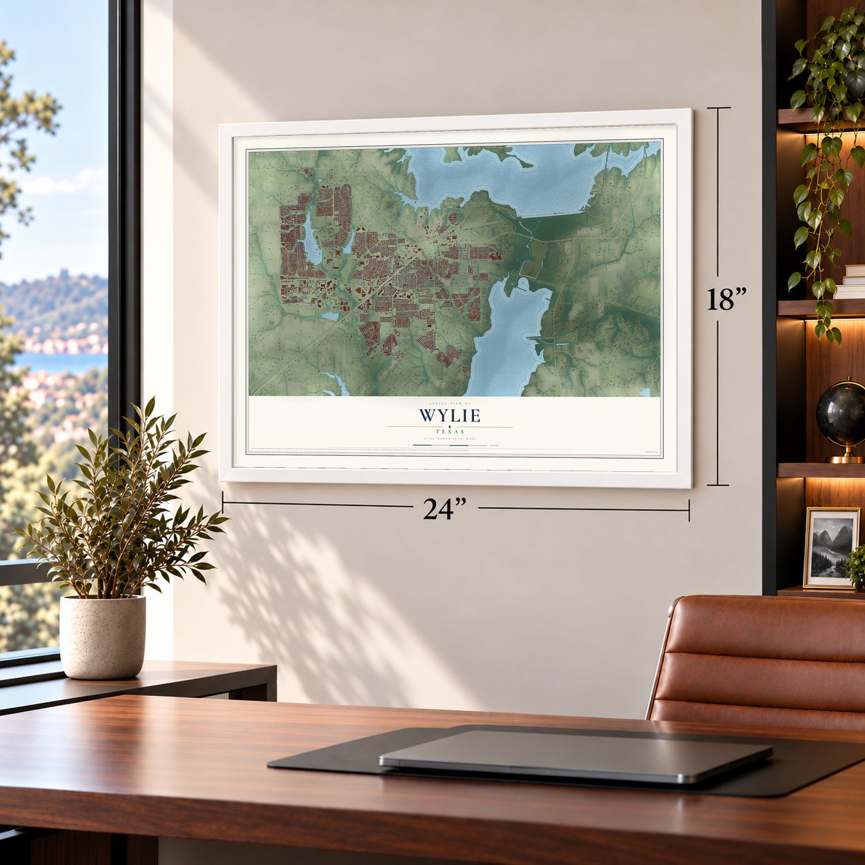 Wylie, Texas map, 18 x 24 inch print in a white frame in a home office