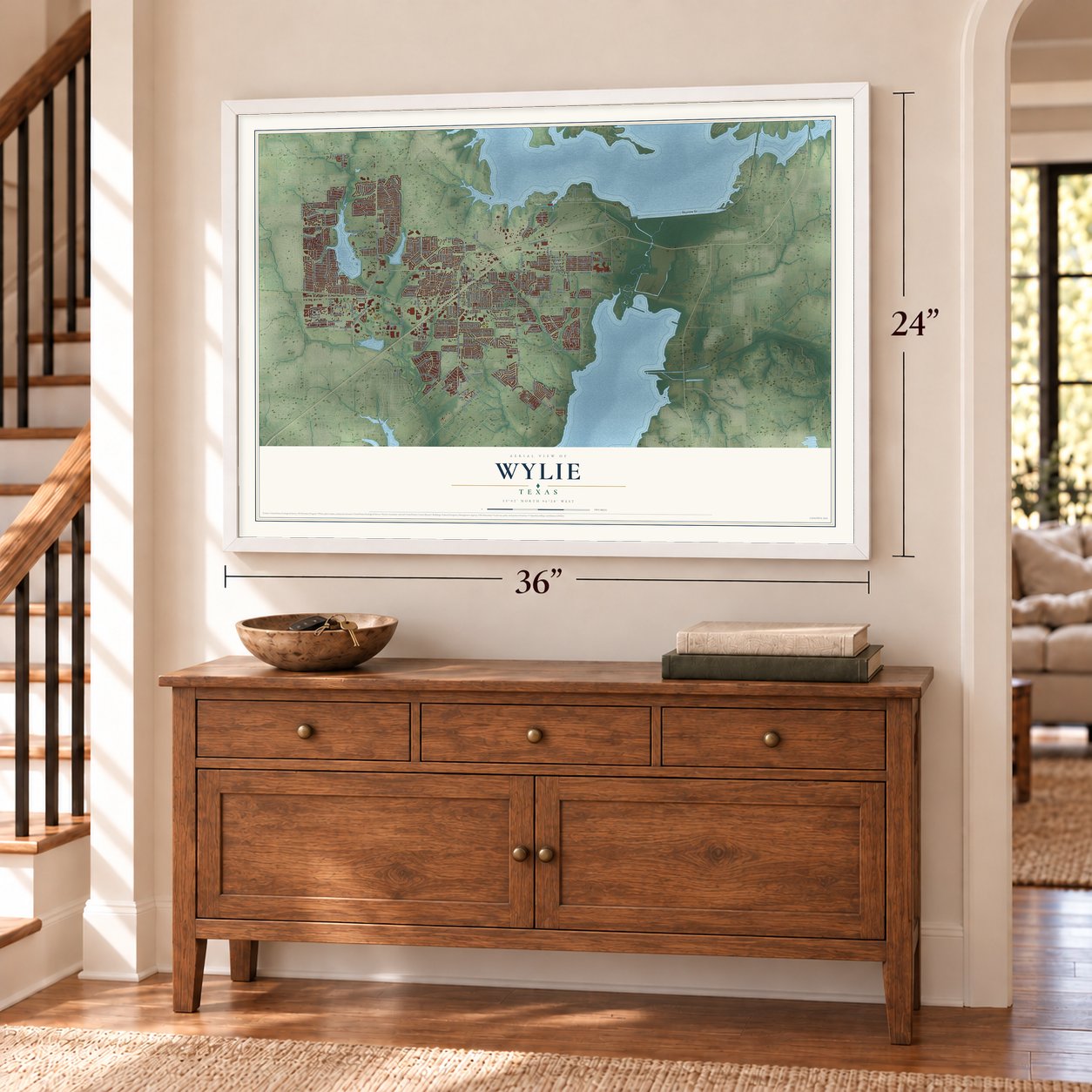 Wylie, Texas map, 24 x 36 inch print in a white frame above a dresser by a staircase