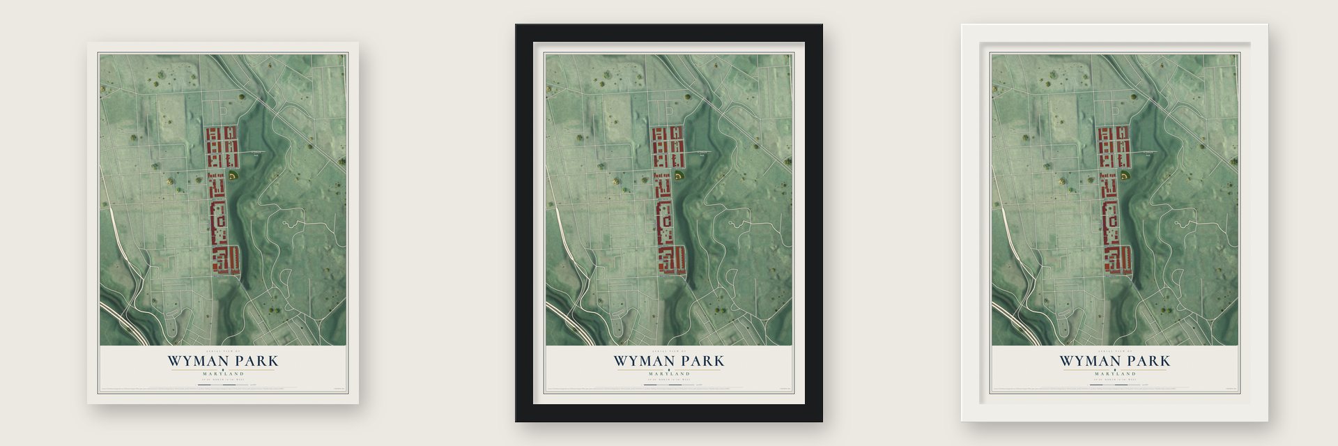 Wyman Park, Maryland map unframed, in a black wood frame and in a white wood frame