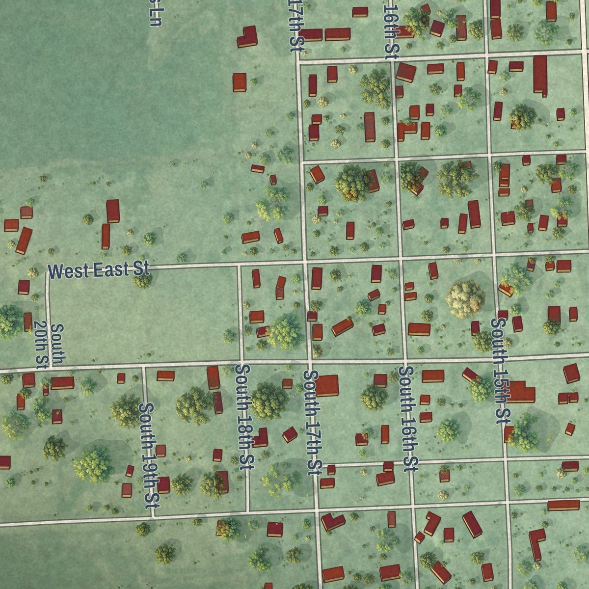 Second close-up of the map of Wymore, Nebraska print showing more streets and buildings