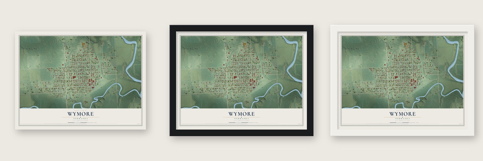 Wymore, Nebraska map unframed, in a black wood frame and in a white wood frame