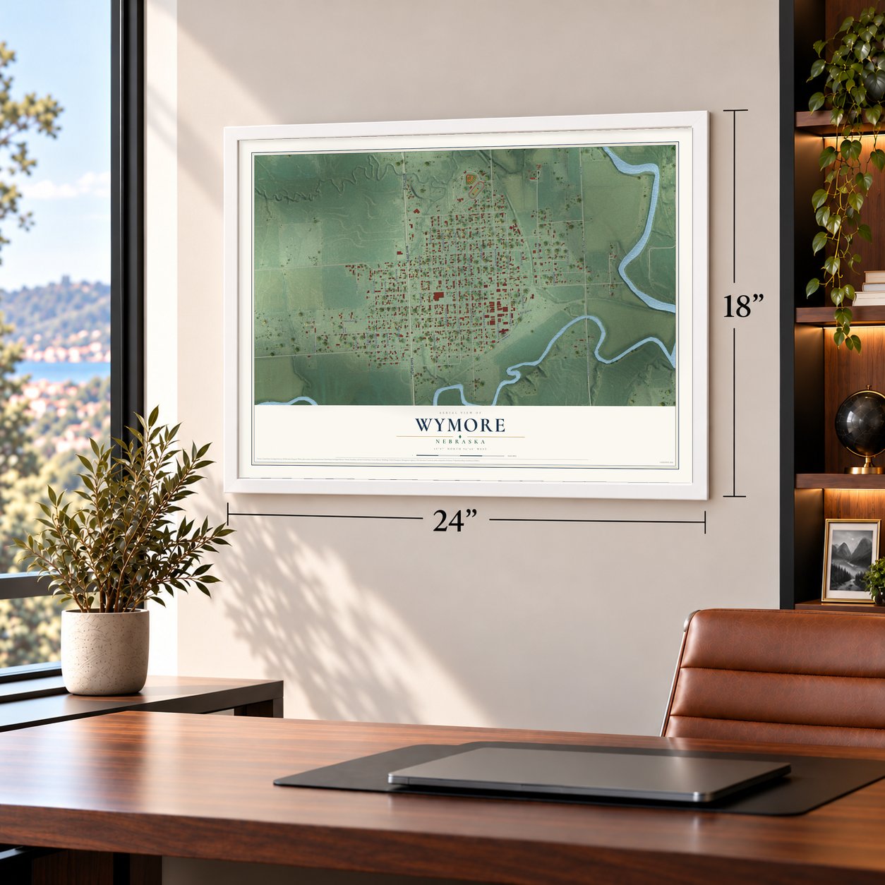 Wymore, Nebraska map, 18 x 24 inch print in a white frame in a home office