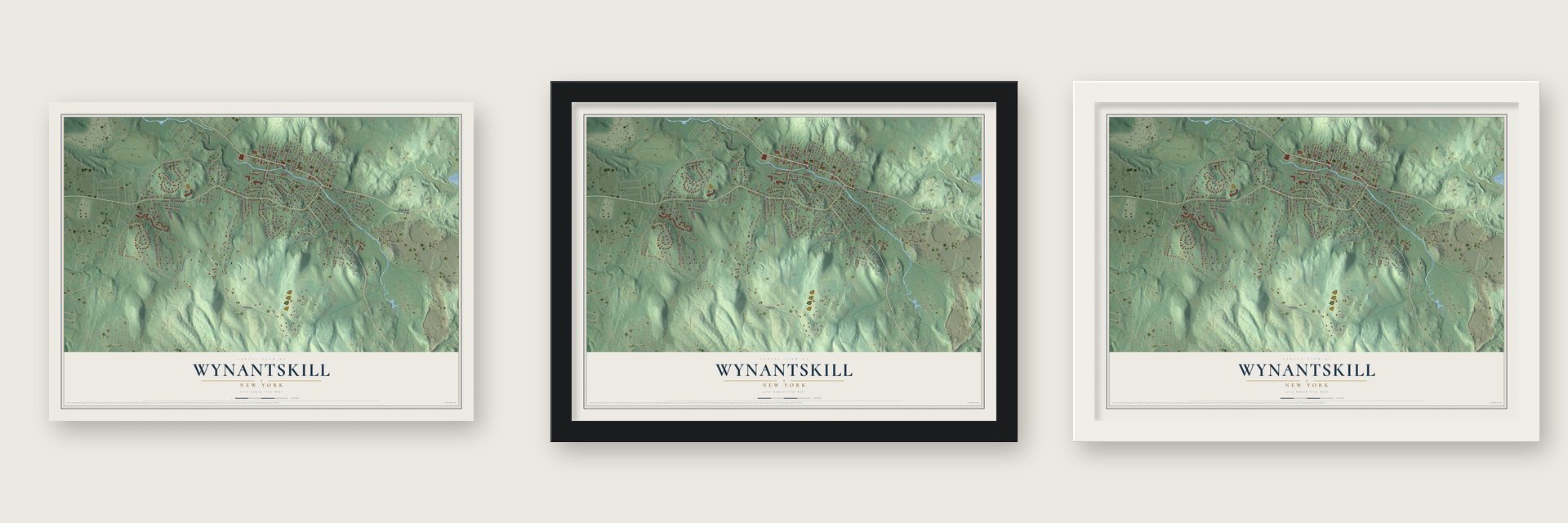 Wynantskill, New York map unframed, in a black wood frame and in a white wood frame