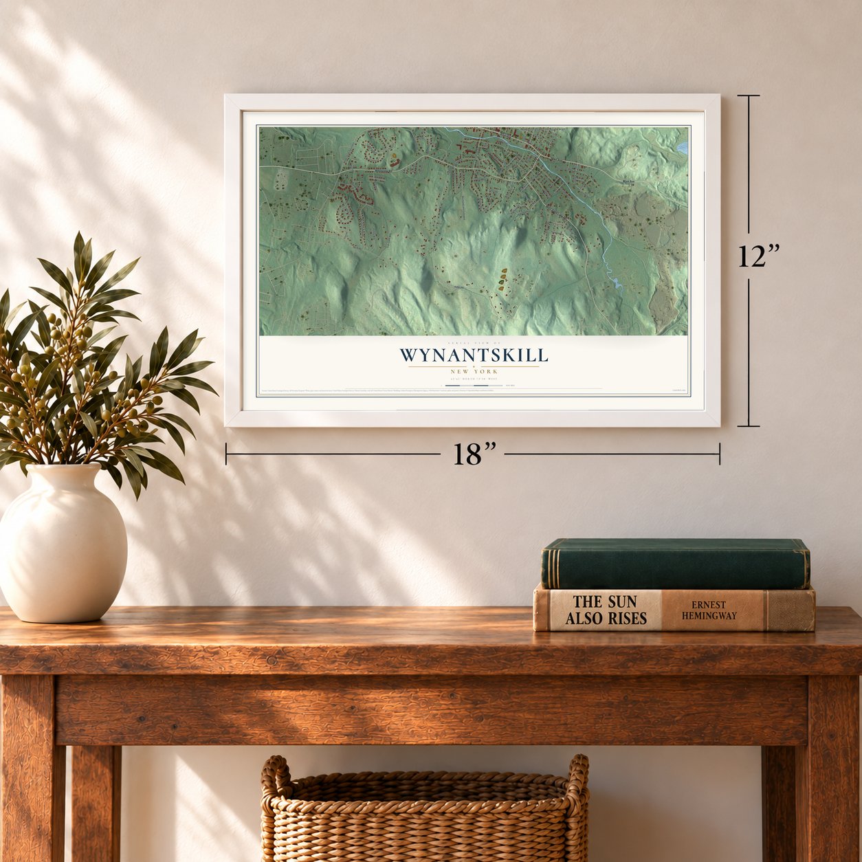 Wynantskill, New York map, 12 x 18 inch print in a white frame in an entryway
