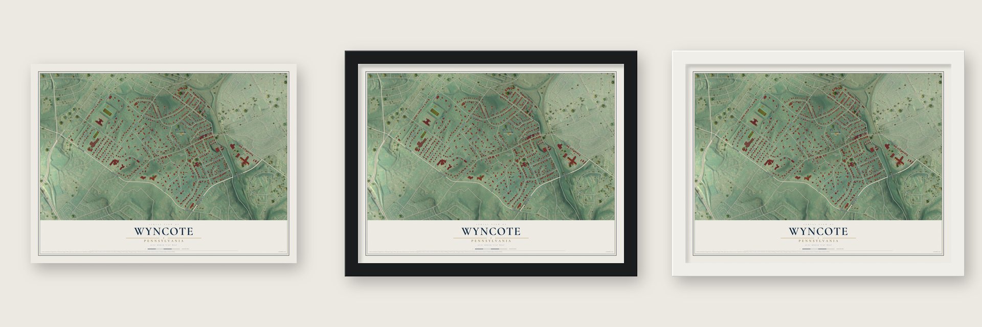 Wyncote, Pennsylvania map unframed, in a black wood frame and in a white wood frame