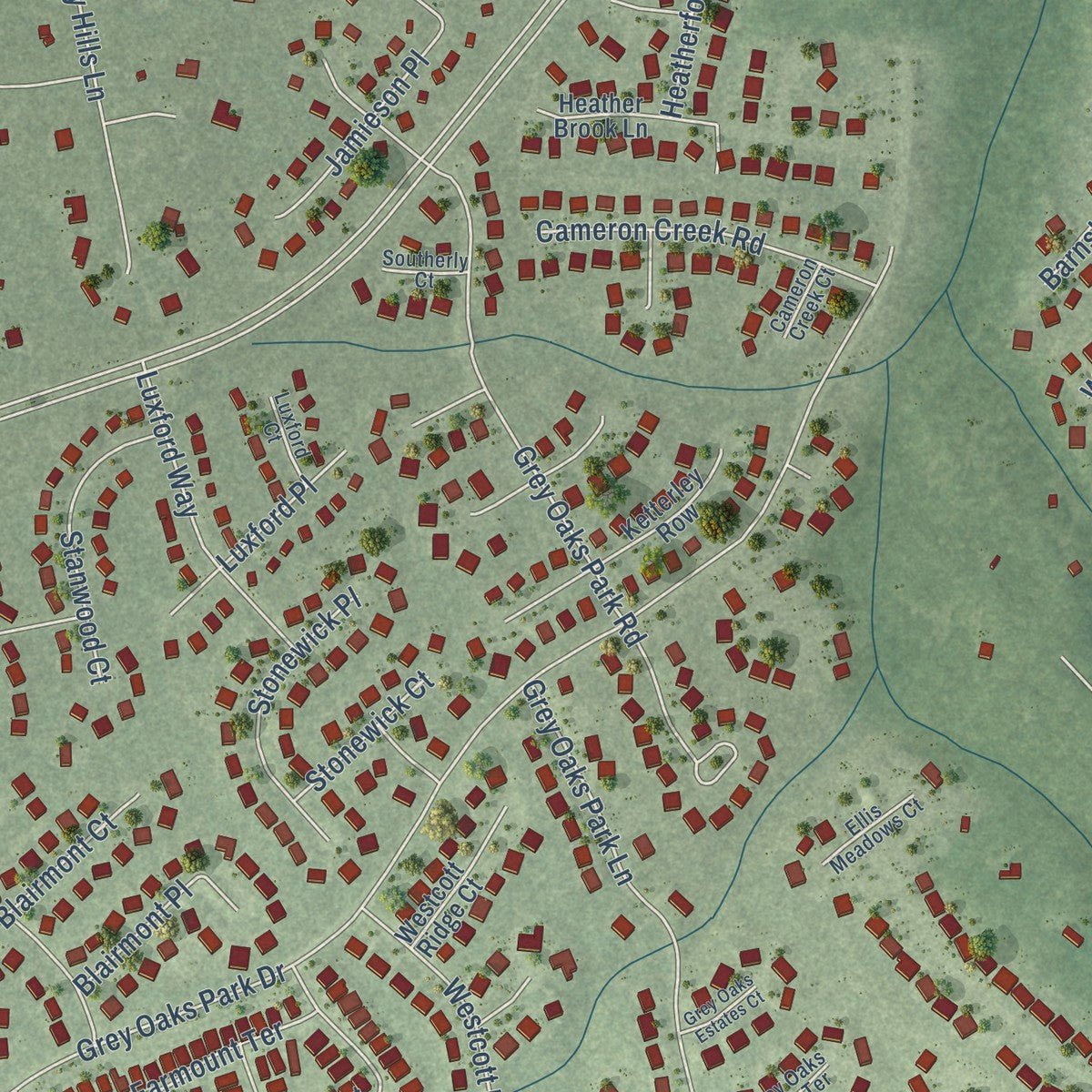 Second close-up of the map of Wyndham, Virginia print showing more streets and buildings