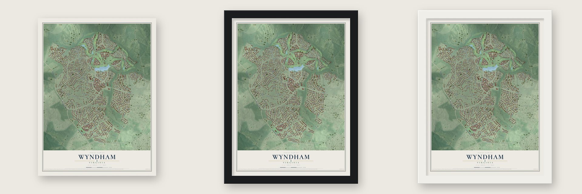 Wyndham, Virginia map unframed, in a black wood frame and in a white wood frame
