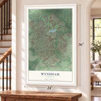 Wyndham, Virginia map, 24 x 36 inch print in a white frame by a staircase