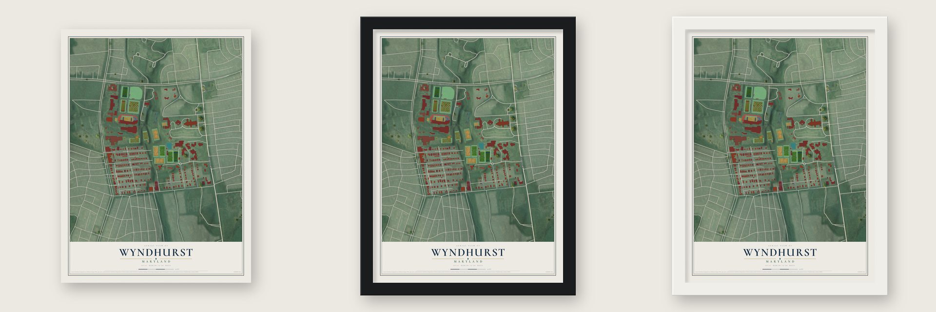 Wyndhurst, Maryland map unframed, in a black wood frame and in a white wood frame
