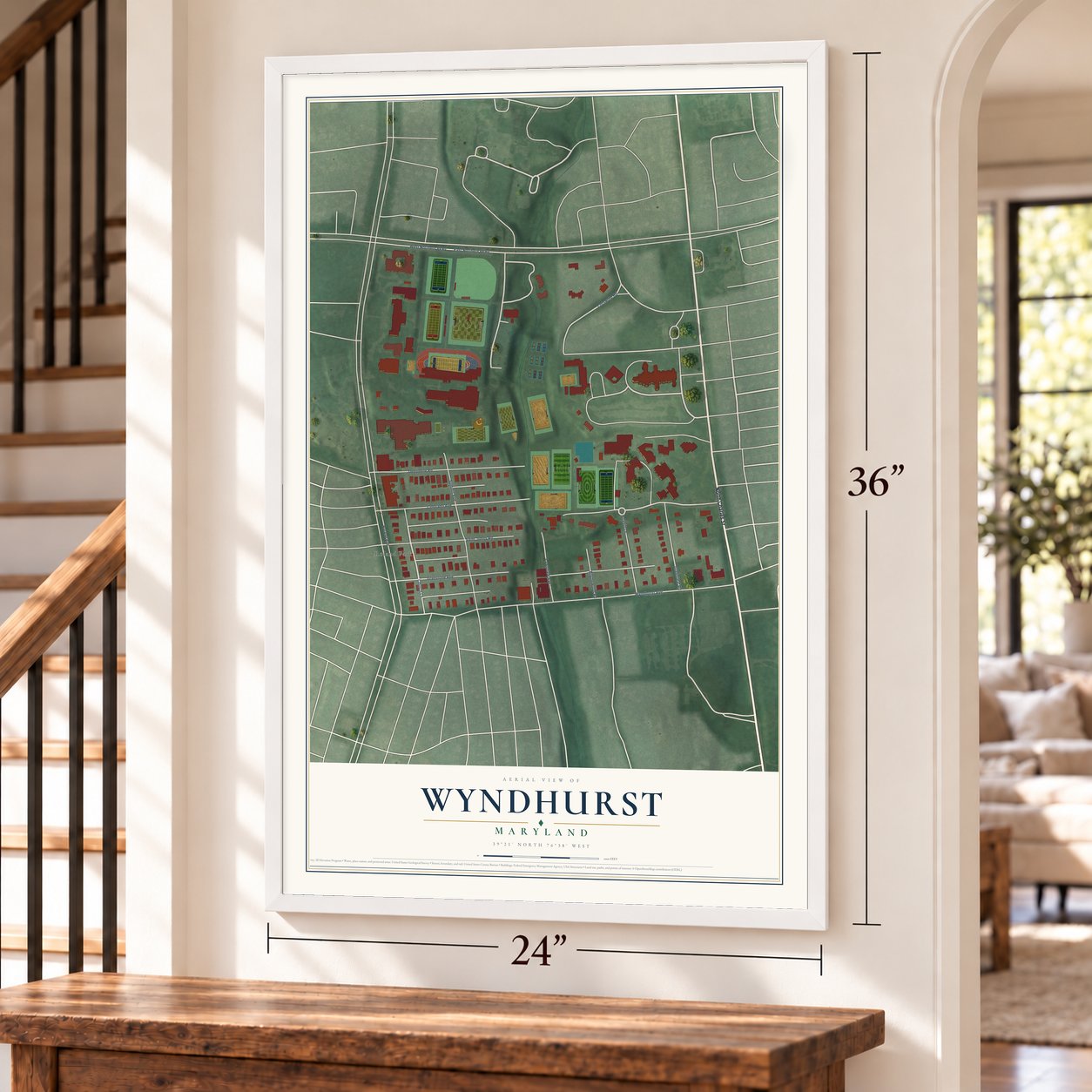 Wyndhurst, Maryland map, 24 x 36 inch print in a white frame by a staircase