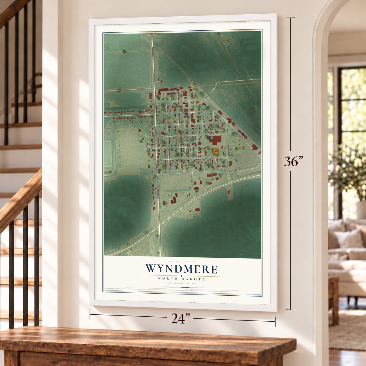 Wyndmere, North Dakota map, 24 x 36 inch print in a white frame by a staircase