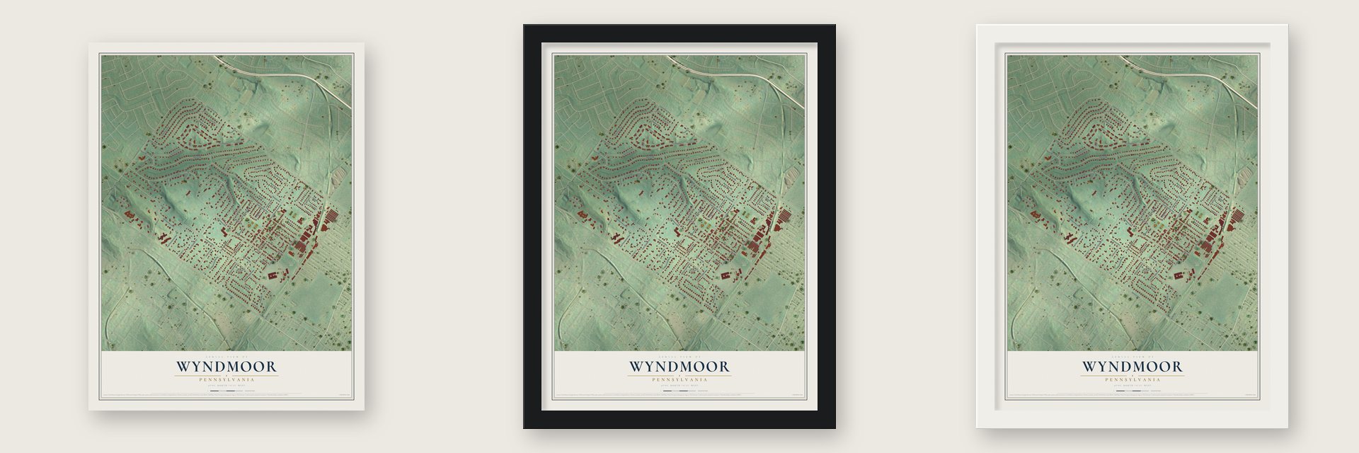 Wyndmoor, Pennsylvania map unframed, in a black wood frame and in a white wood frame