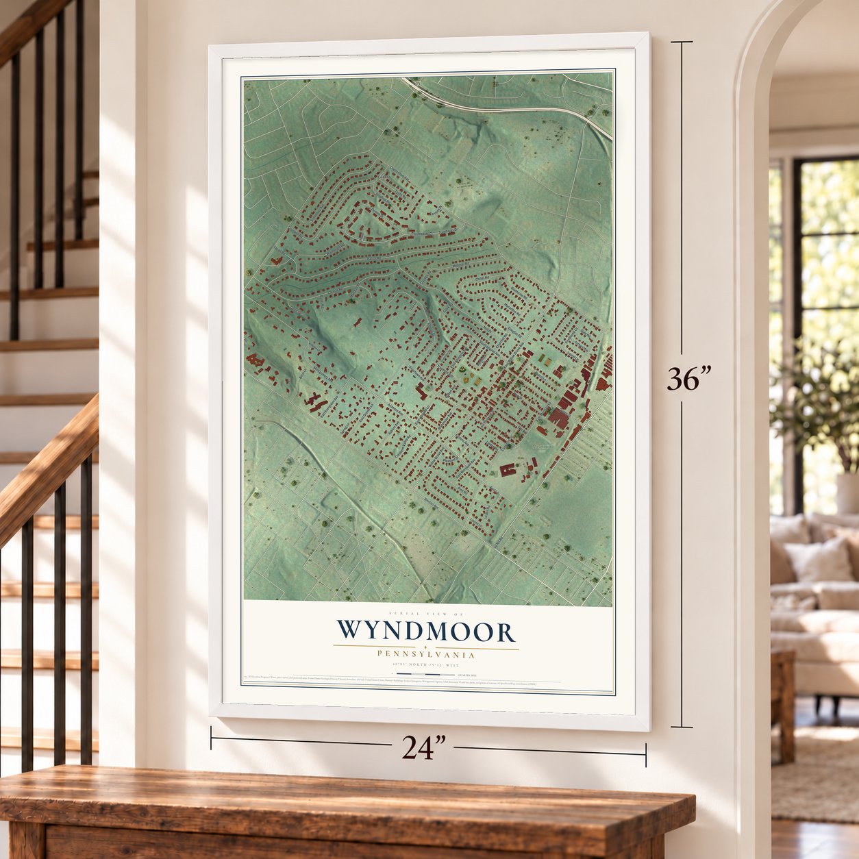 Wyndmoor, Pennsylvania map, 24 x 36 inch print in a white frame by a staircase