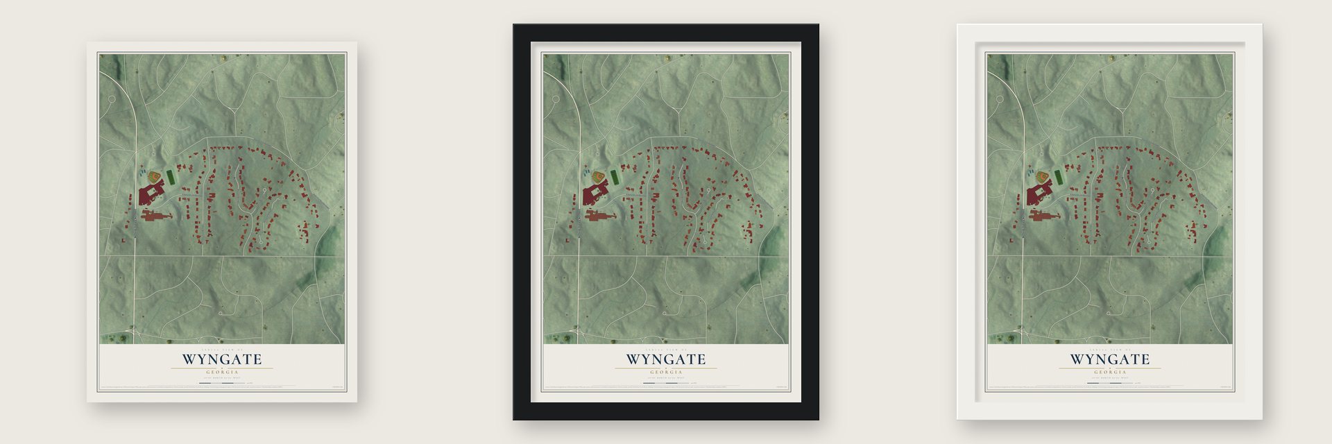 Wyngate, Georgia map unframed, in a black wood frame and in a white wood frame