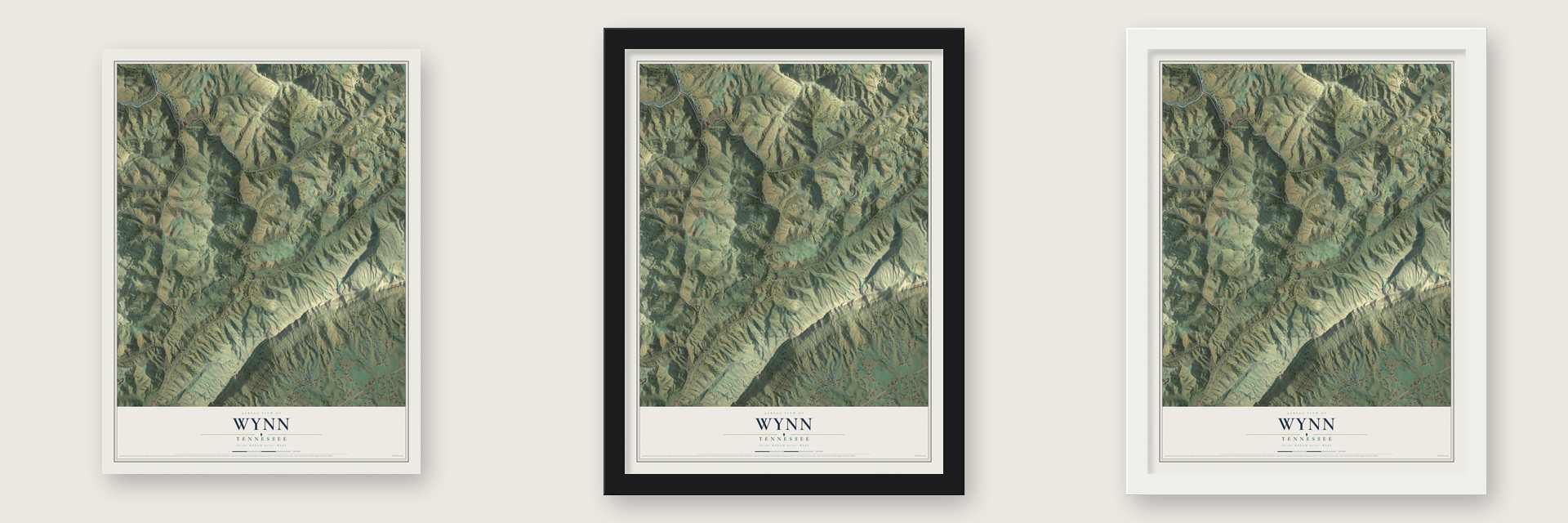 Wynn, Tennessee map unframed, in a black wood frame and in a white wood frame