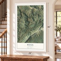Wynn, Tennessee map, 24 x 36 inch print in a white frame by a staircase