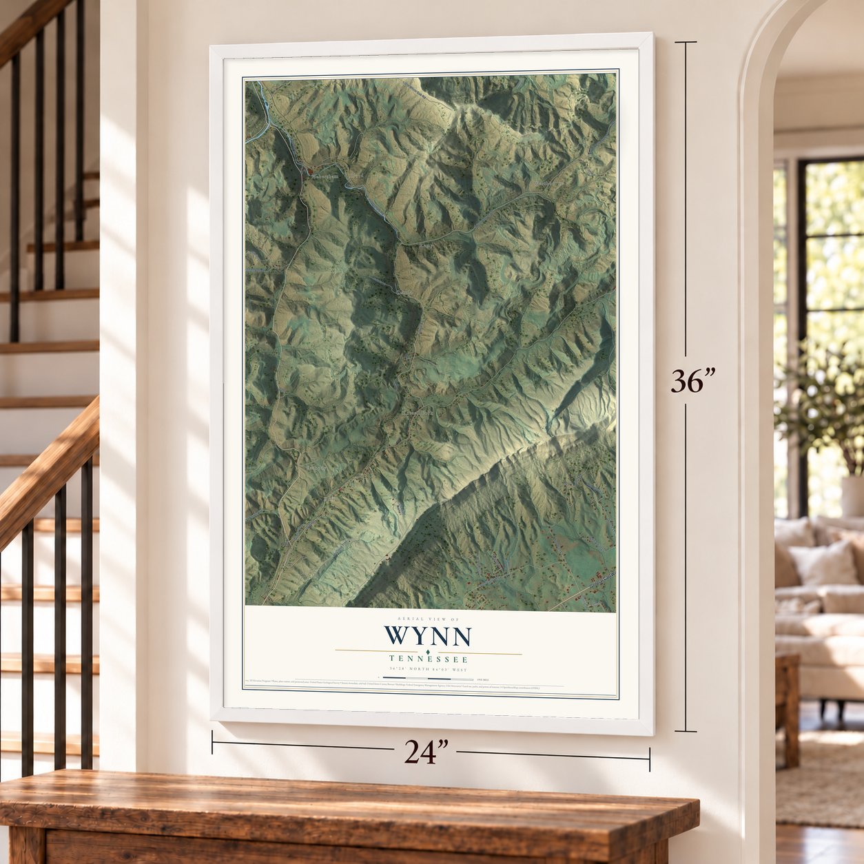 Wynn, Tennessee map, 24 x 36 inch print in a white frame by a staircase