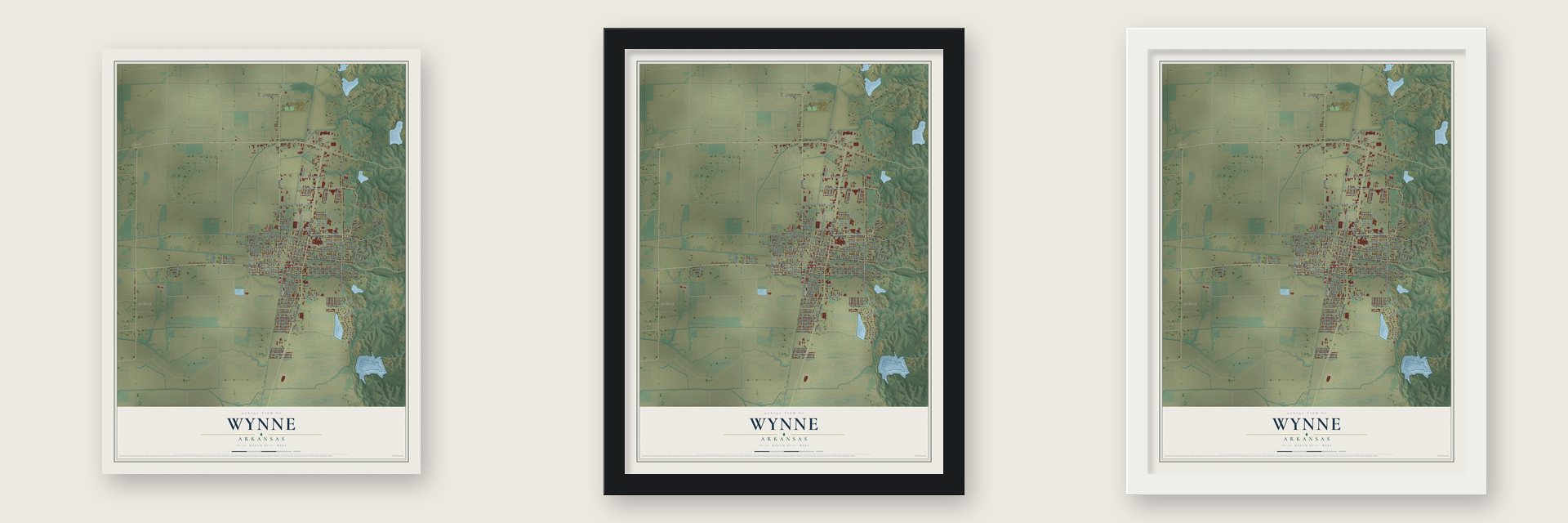 Wynne, Arkansas map unframed, in a black wood frame and in a white wood frame