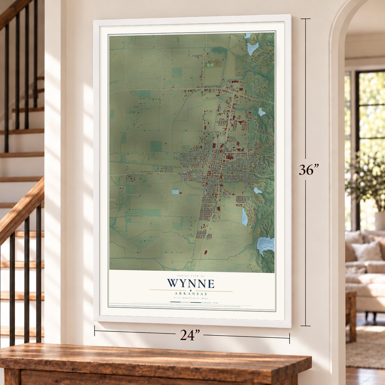 Wynne, Arkansas map, 24 x 36 inch print in a white frame by a staircase