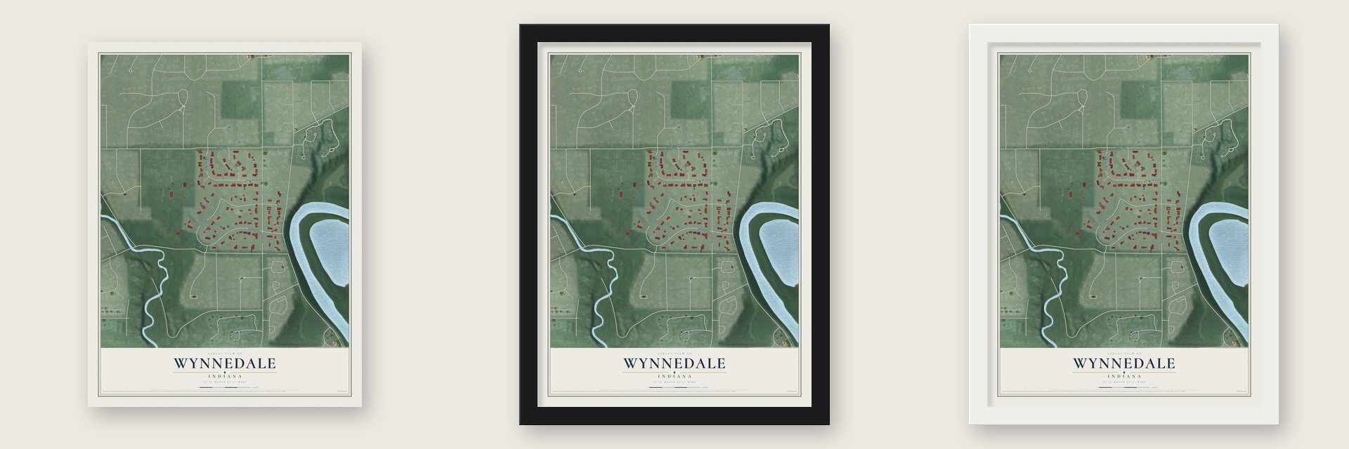 Wynnedale, Indiana map unframed, in a black wood frame and in a white wood frame