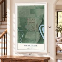 Wynnedale, Indiana map, 24 x 36 inch print in a white frame by a staircase