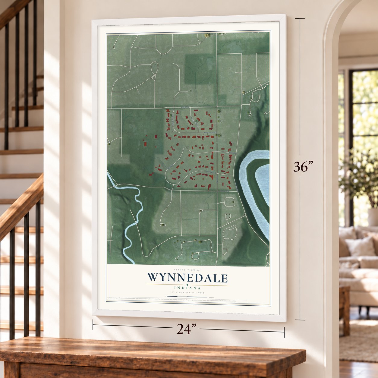 Wynnedale, Indiana map, 24 x 36 inch print in a white frame by a staircase